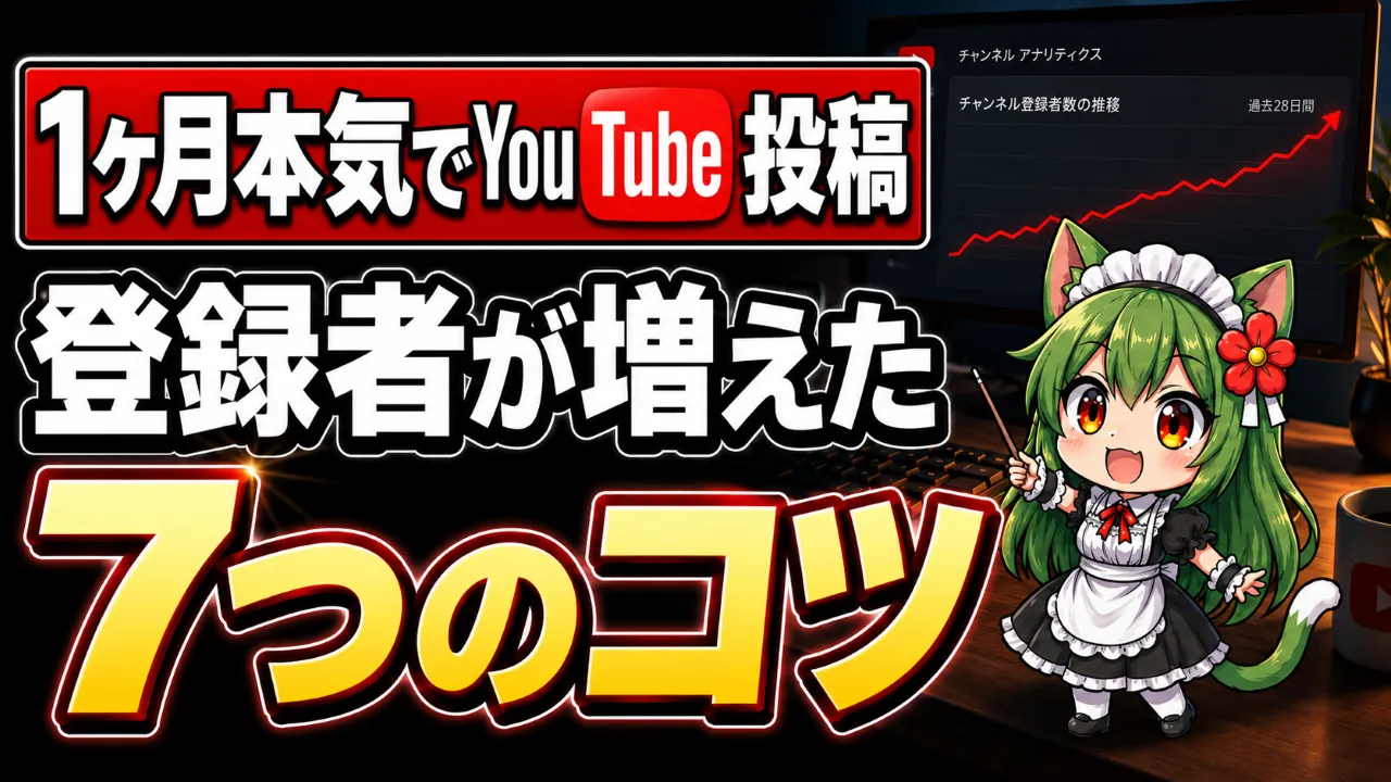 1ヶ月本気でYouTube投稿して登録者が増えた7つのコツを、平方猫メイドと分析画面で表現したサムネイル