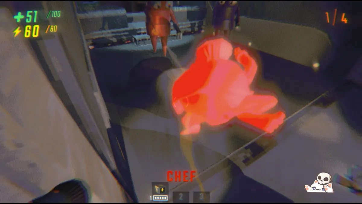 R.E.P.O.でモンスターと遭遇し、協力して対処している戦闘シーン