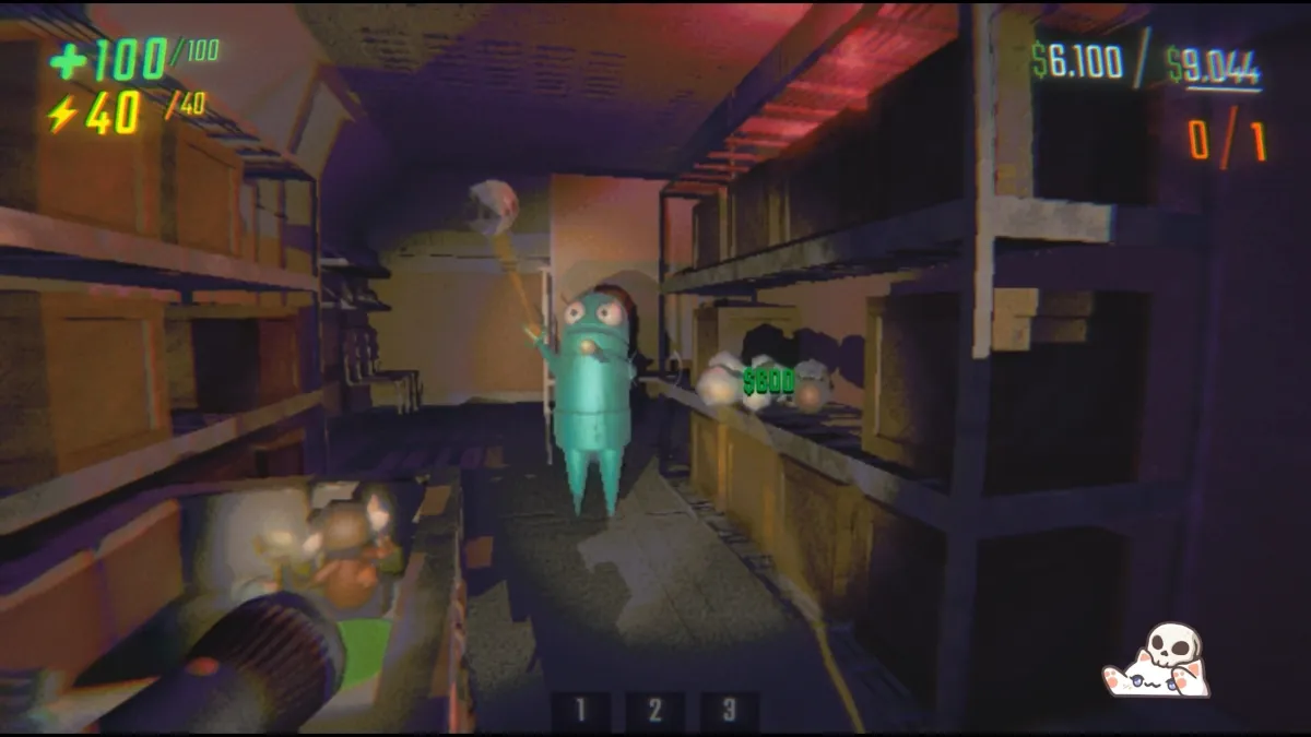 R.E.P.O.の通常プレイ画面。体力やエネルギー、所持金が表示される探索中のUI