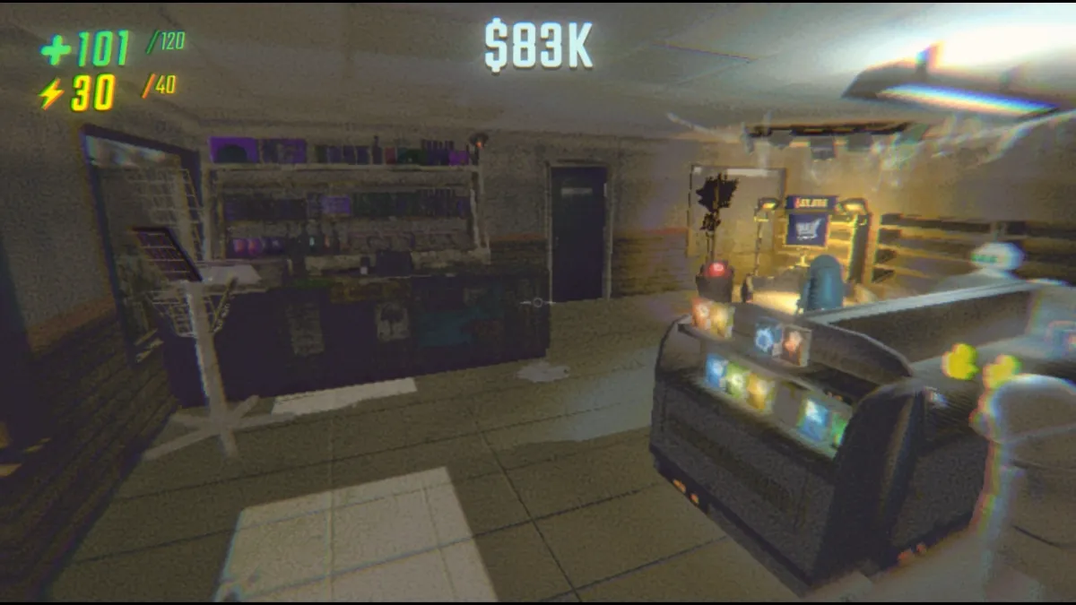 R.E.P.O.のステージ間ショップ画面。獲得したお金で装備や能力を強化できる