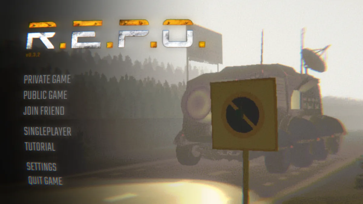 協力型ホラーゲームR.E.P.O.のタイトル画面。荒廃した世界観と不穏な雰囲気が伝わるメインメニュー