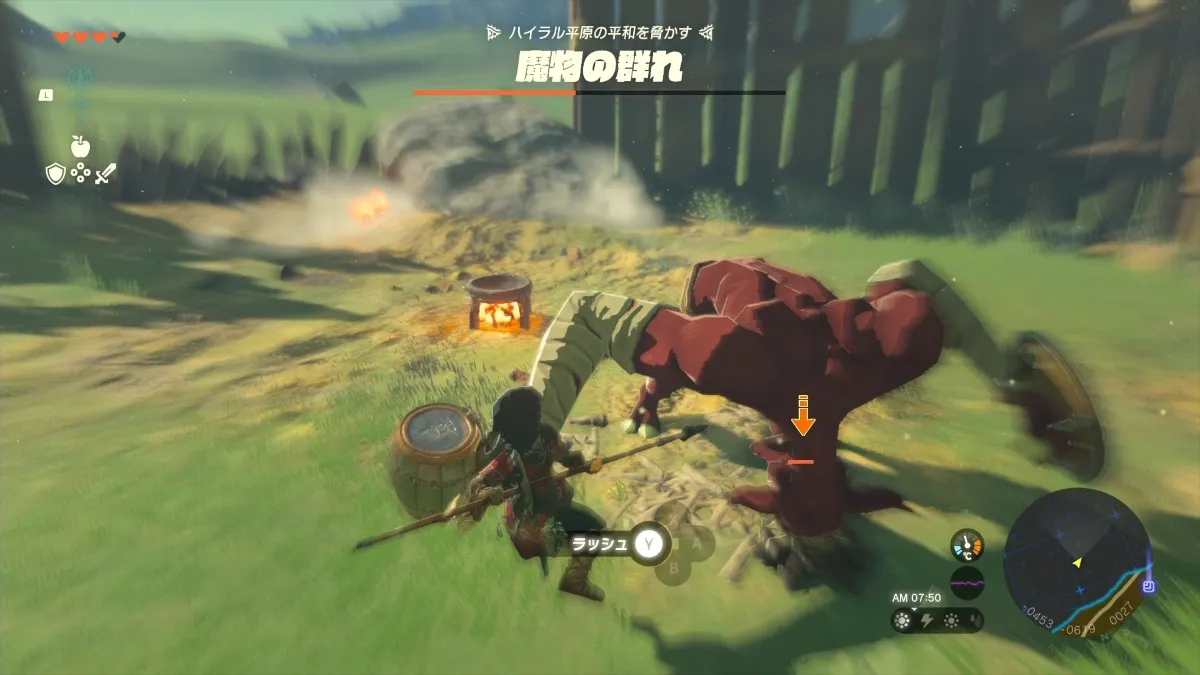 ゼルダの伝説 ティアーズ オブ ザ キングダムの戦闘画面。アクション主体の操作とUI構成が分かるシーン