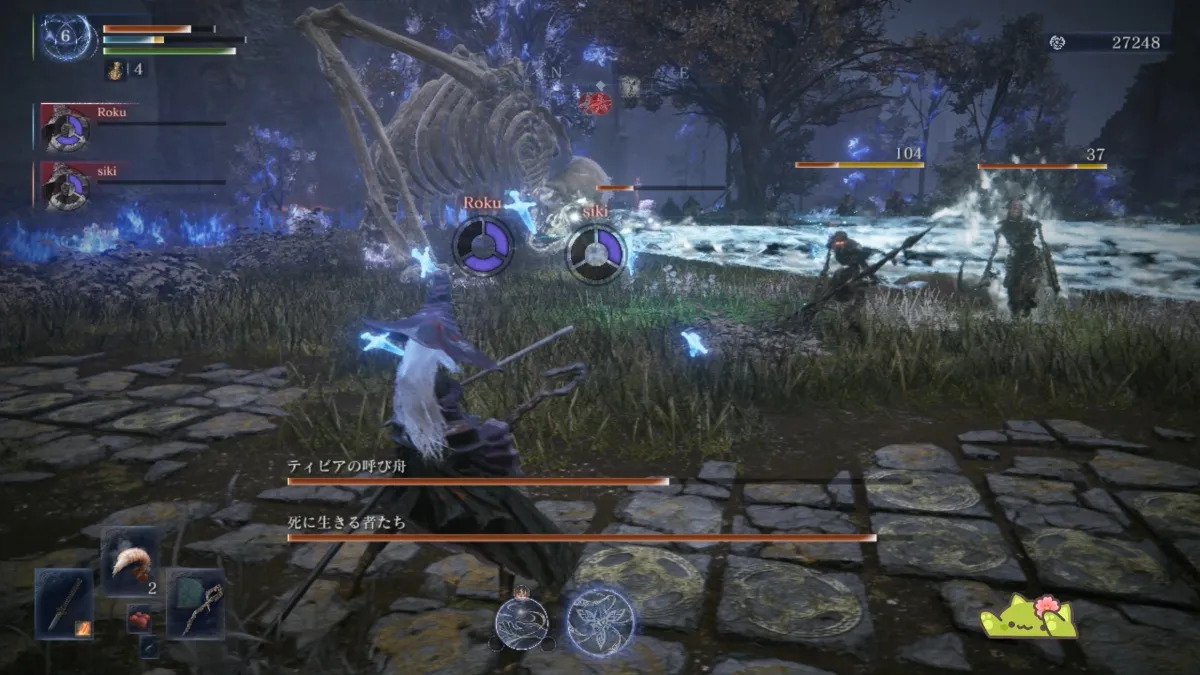 ELDEN RING ナイトレインの協力プレイ中の戦闘シーン。強力な敵と複数人で戦っている場面