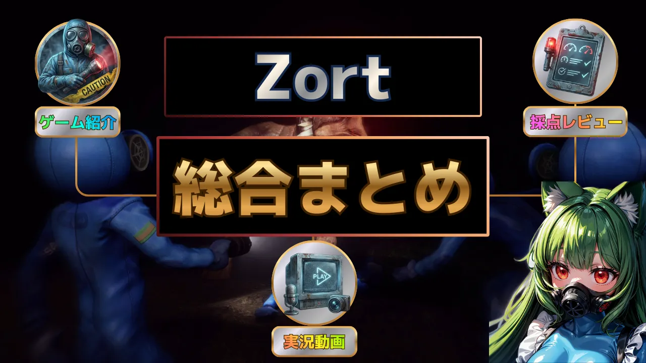 Zort総合まとめのサムネイル。ゲーム紹介・採点レビュー・実況動画の案内アイコンと平方猫メイドを配置したデザイン