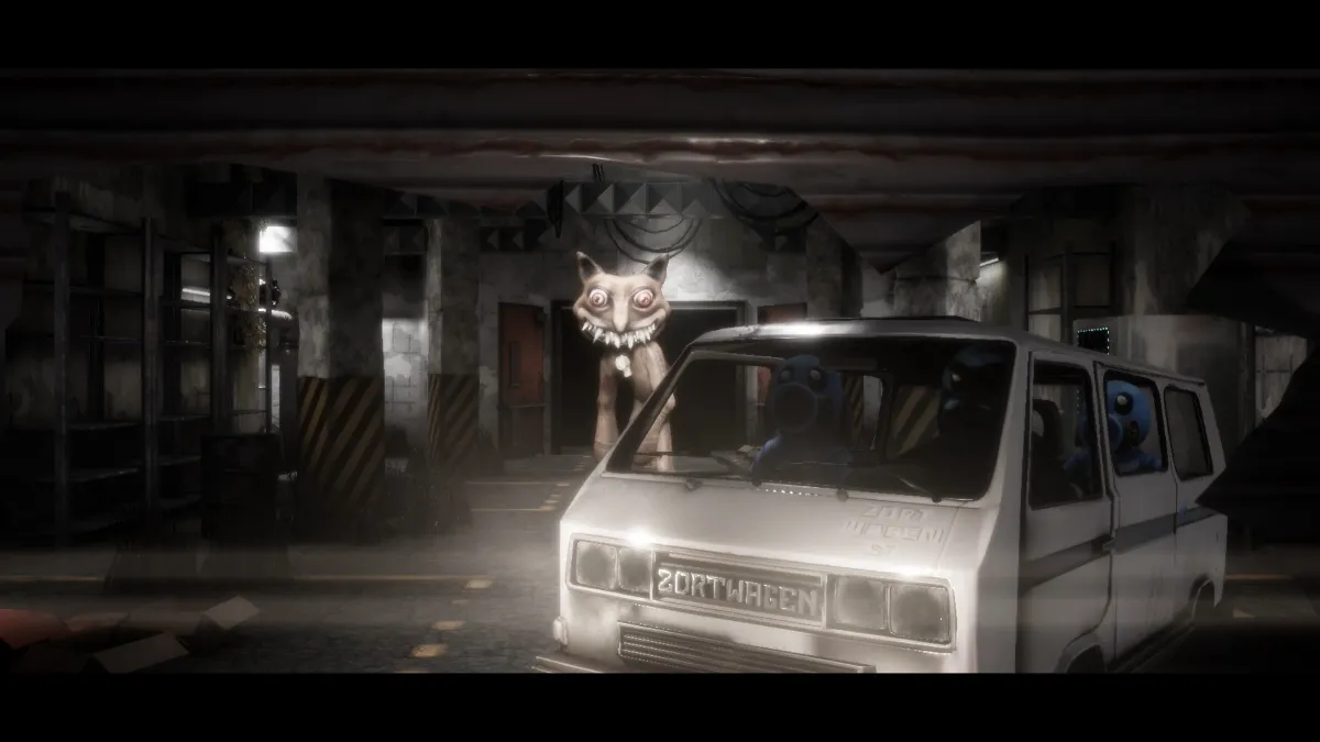 Zortのムービーシーン。白いバンの前に防護服の仲間が乗り、背後から巨大な猫の怪物が迫っている