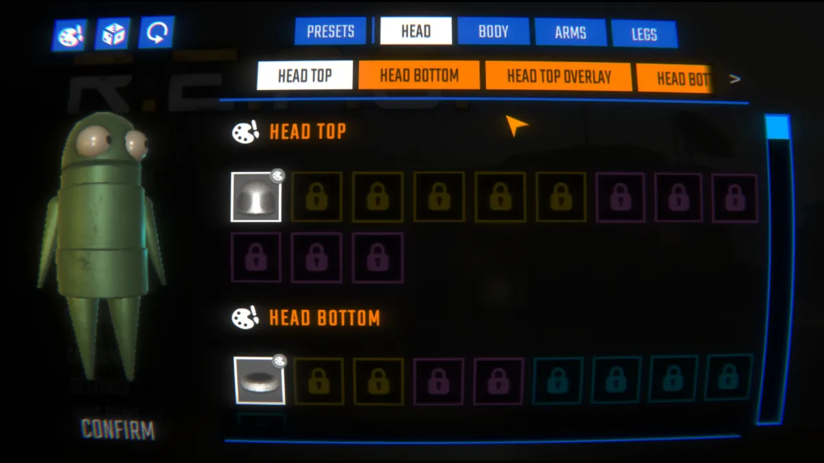 R.E.P.O. v0.4.0のコスメ編集画面。Headカテゴリで頭部パーツを選択しているSemibot