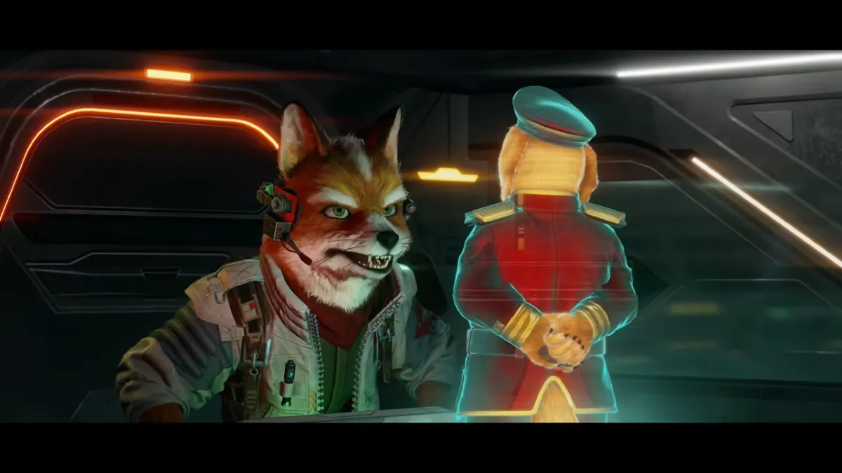 新作Star Foxでフォックスがペパー将軍と会話する場面