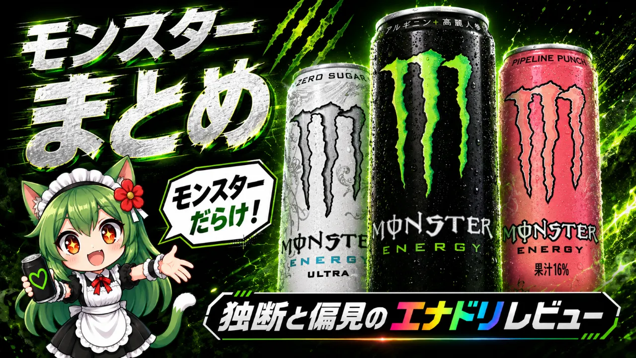 モンスターエナジーまとめのサムネイル。モンスターエナジー、モンスターウルトラ、パイプラインパンチの缶と平方猫メイドが並び、モンスター系エナドリを比較する記事であることを示している。