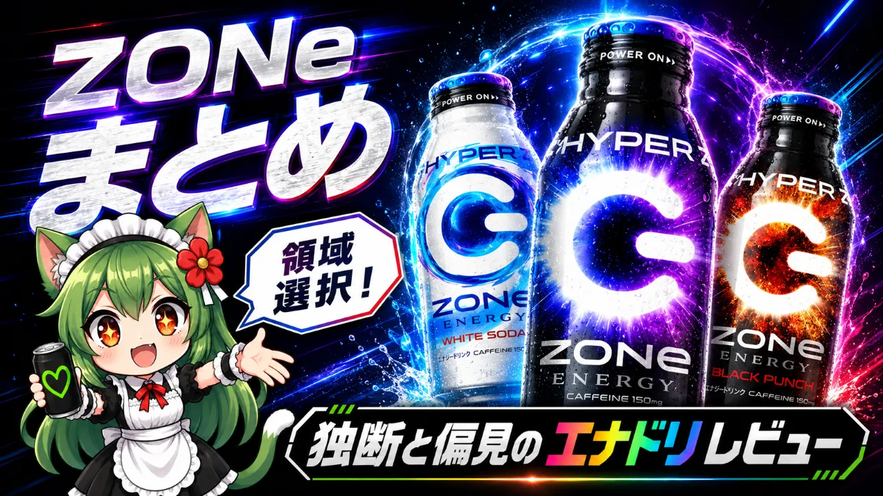 ZONeまとめのサムネイル。HYPER ZONe、HYPER ZONe WHITE SODA、HYPER ZONe BLACK PUNCHの缶と平方猫メイドが並び、ZONe系エナジードリンクを比較する記事であることを示している。