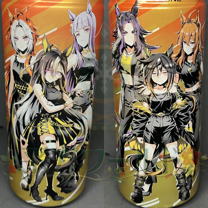 ZONe ENERGY TOUGHNESS GOLDの缶2種類に描かれた、フェノーメノ、ステイゴールド、ナカヤマフェスタ、オルフェーヴル、ドリームジャーニー、ゴールドシップのウマ娘コラボデザイン