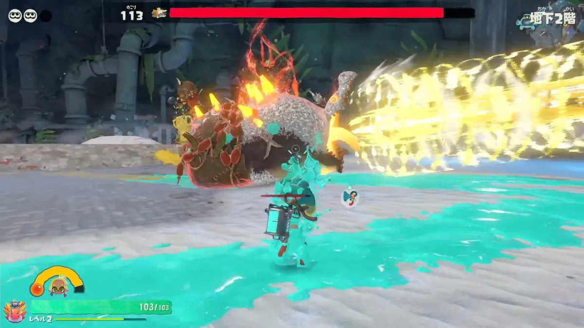 スプラトゥーン レイダースで決まった攻撃を繰り出すシャケとの戦闘
