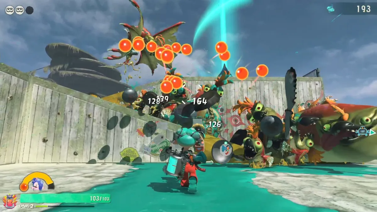スプラトゥーン レイダースで大量のシャケと戦う場面