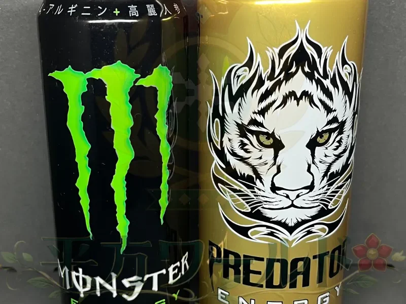 プレデターエナジー500ml缶とモンスターエナジー355ml缶を正面から並べて比較した写真