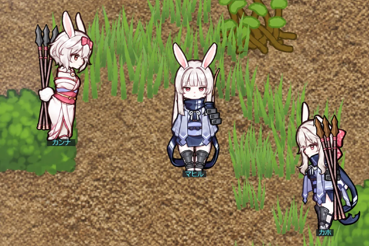 RimWorldの種族追加MOD「Yuran race」に登場する、ウサギ耳を持つ3人のユランのゲーム内画像